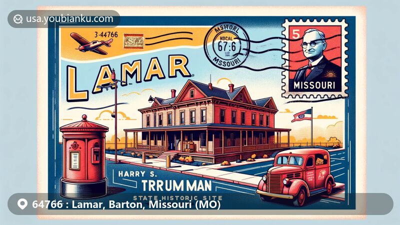 Modern illustration of Lamar, Missouri, showcasing Harry S. Truman Birthplace State Historic Site, vintage postage theme with ZIP code 64766, featuring old-fashioned mailbox and postal delivery truck.