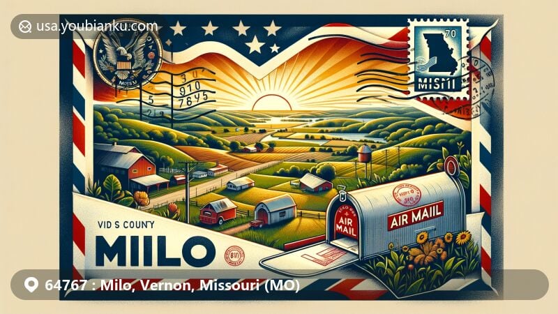 Modern illustration of Milo, Missouri, showcasing postal theme with ZIP code 64767, depicting rural landscape with rolling hills, farmland, and local flora, featuring Missouri state flag and vintage postal elements.