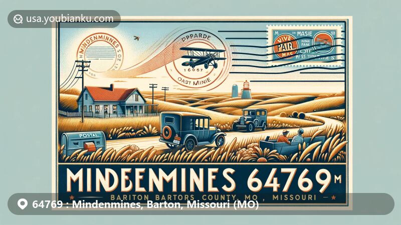 Modern illustration of Mindenmines, Barton County, Missouri, capturing postal code 64769 vibe with Prairie State Park, airmail elements, and vibrant colors, blending natural beauty and postal theme.