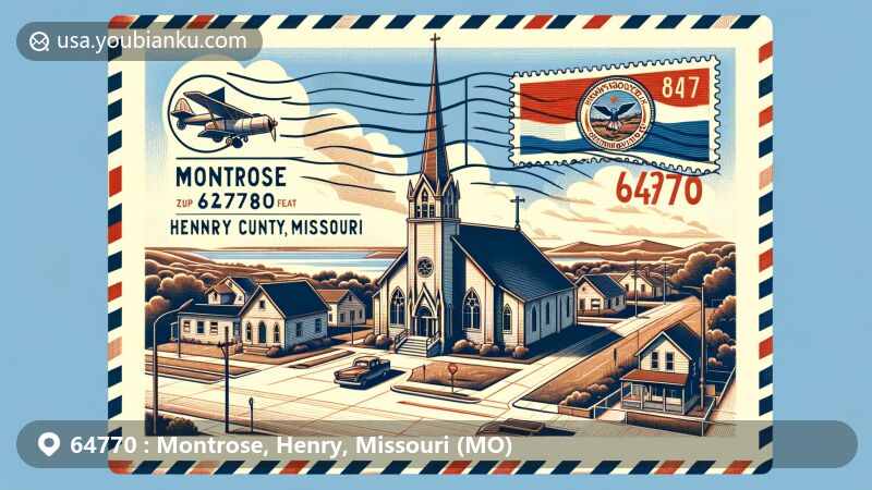 Modern illustration of Montrose, Henry County, Missouri, with ZIP code 64770, featuring St. Ludger Catholic Church, Missouri state flag stamp, and vintage air mail envelope.