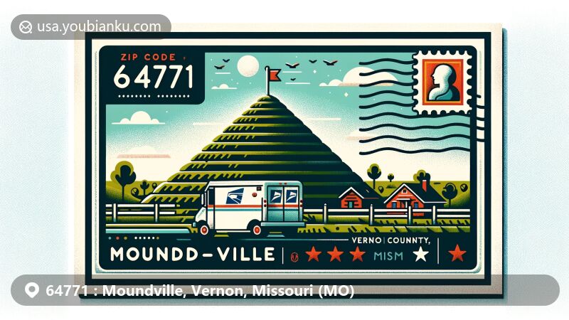 Modern illustration of Moundville, Vernon County, Missouri, featuring natural mound representing the town's name origin, postal elements like stylized mailbox or mail truck, stamp, and postmark, highlighting ZIP code 64771.