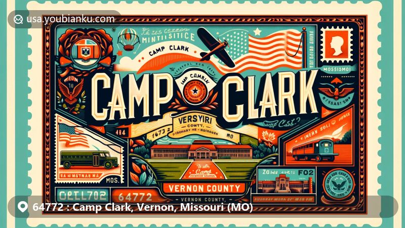 Modern illustration of Camp Clark in Vernon County, Missouri, showcasing postal theme with ZIP code 64772, featuring historical and National Guard significance, including Missouri state symbols and vintage postal elements.
