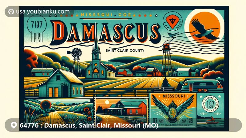 Vintage-style illustration of Damascus, Saint Clair County, Missouri, highlighting postal theme with ZIP code 64776, showcasing rural charm and Missouri state flag symbols.