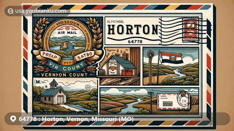 Modern illustration of Horton, Vernon County, Missouri, featuring vintage air mail envelope with postal theme, Missouri state flag, Vernon County map outline, and local landscapes/flora.