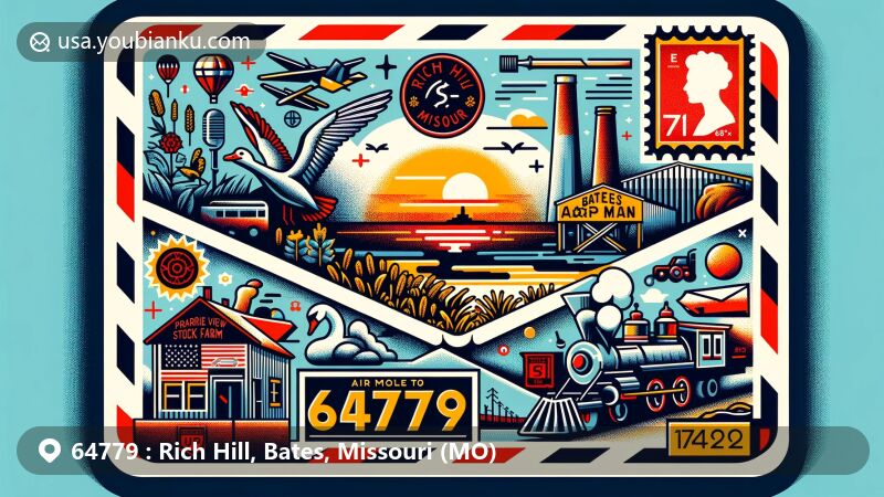 Modern illustration of Rich Hill, Bates County, Missouri, highlighting postal theme with ZIP code 64779, featuring Marais des Cygnes River, coal mining symbols, and Prairie View Stock Farm stamp.