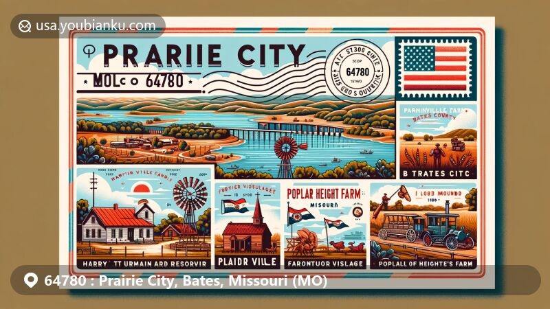 Modern illustration of Prairie City, located in Bates County, Missouri, highlighting Harry S Truman Reservoir and blending the historical essence of Papinville, agricultural heritage of Frontier Village, and rural lifestyle of Poplar Heights Farm.