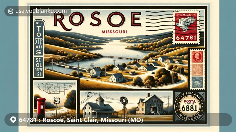 Modern illustration of Roscoe, Missouri, showcasing tranquil rural setting with Truman Reservoir and Missouri Route 82, vintage postcard design with postal elements and ZIP code 64781.