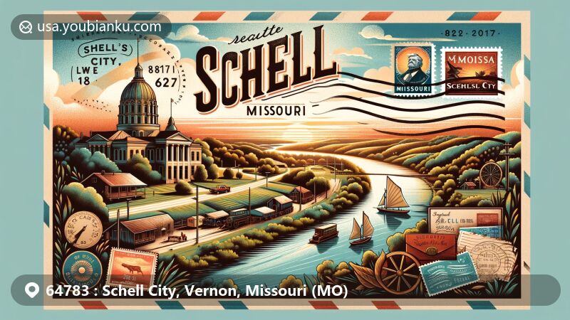 Modern illustration of Schell City, Missouri, highlighting postal theme with ZIP code 64783, featuring Osage River, Schell-Osage Conservation Area, city founding year (1871), and city namesake Augustus Schell, incorporating Missouri state flag in the background.
