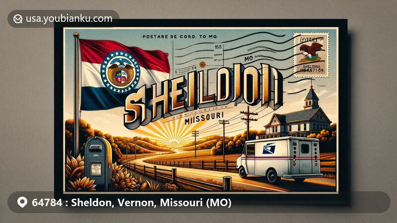 Modern illustration of Sheldon, Missouri, featuring a blend of Missouri state flag and rural landscape, with vintage mailbox, mail van, and postal theme, showcasing 'Sheldon, MO 64784' in elegant font.