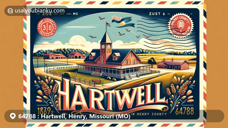 Modern illustration of Hartwell, Henry County, Missouri, highlighting ZIP code 64788 with postcard design featuring Henry County Historical Museum, rural landscape, vintage stamp, and postmark.