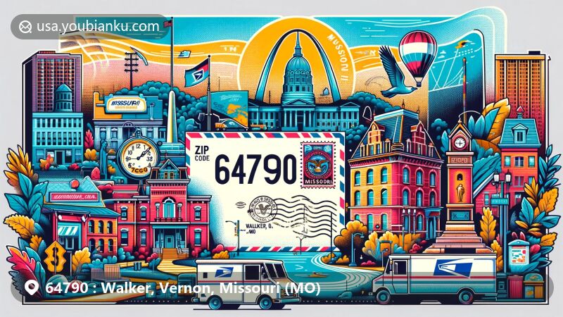 Modern illustration of Walker, Missouri, representing ZIP code 64790, with a focus on postal culture, including vintage postcard and air mail elements, featuring state symbol Gateway Arch and Missouri state flag.