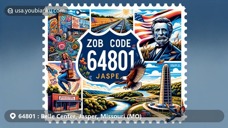 Modern illustration of Joplin, Missouri, highlighting postal theme with ZIP code 64801, featuring Route 66 Mural Park, George Washington Carver National Monument, Spiva Center for the Arts, Wildcat Glades Conservation & Audubon Center, and Grand Falls.