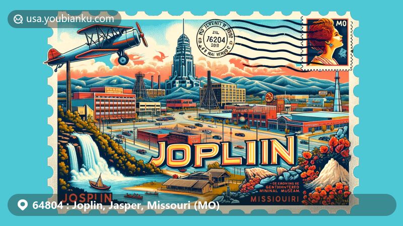Modern illustration of Joplin, Missouri, highlighting its rich mining heritage and recovery from the 2011 EF5 tornado, featuring iconic landmarks like Route 66 Mural Park, George Washington Carver National Monument, and Grand Falls, incorporating the Ozark Mountains in the background.