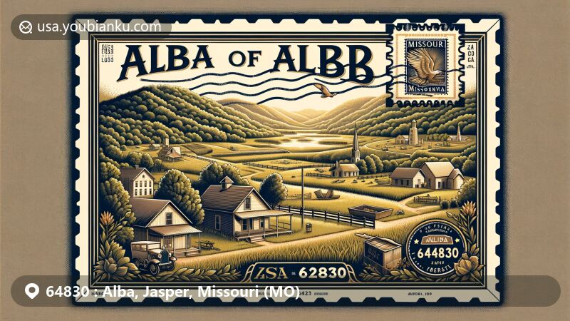 Tranquil illustration of Alba, Missouri, in vintage airmail envelope style with 64830 ZIP code, showcasing rural scenery, cozy homes, zinc mining history, fishing lake, and Ozark foothills.