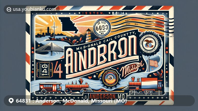 Modern illustration of Anderson, McDonald County, Missouri, inspired by a postcard or airmail envelope design, featuring the outline of McDonald County, the Missouri state flag, and iconic elements of Anderson, MO, such as Indian Creek and the local high school mascot, the Mustang.
