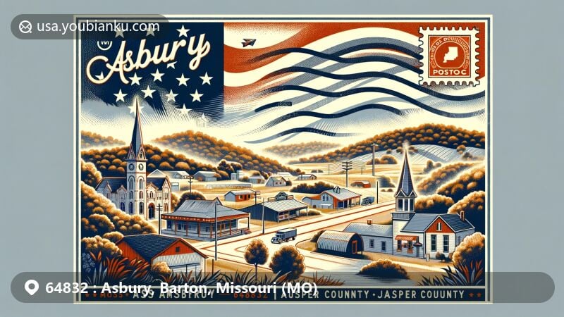 Modern illustration of Asbury, Missouri, showcasing postal theme with ZIP code 64832, featuring vintage-style postal card with Missouri postage stamp, 64832 postmark, Jasper County outline, and subtle American flag background.