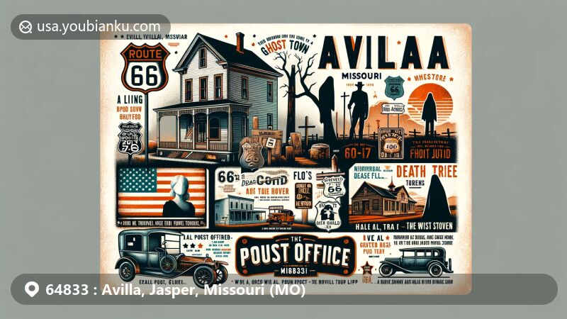 Modern illustration of Avilla, Missouri, portraying its Route 66 connection and ghost town history, featuring iconic landmarks like the Avilla House, Old Flo's Tavern, and vintage post office, with ghostly silhouettes, Civil War motifs, and the 'Death Tree' legend.