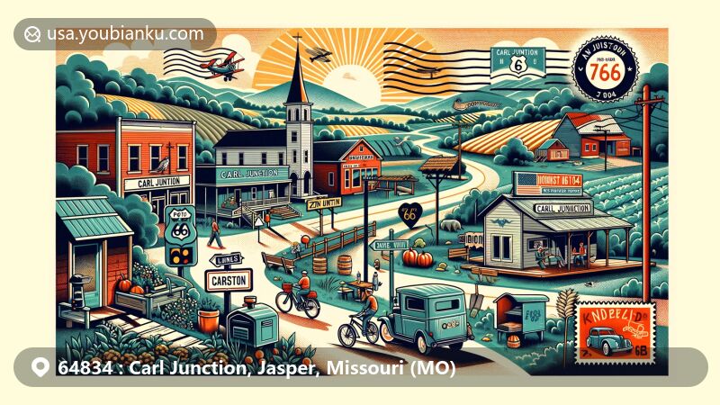 Modern illustration of Carl Junction, Jasper, Missouri, capturing small-town feel with outdoor activities like hiking, biking, and fishing, featuring historical sites and a vintage postcard layout with ZIP code 64834.