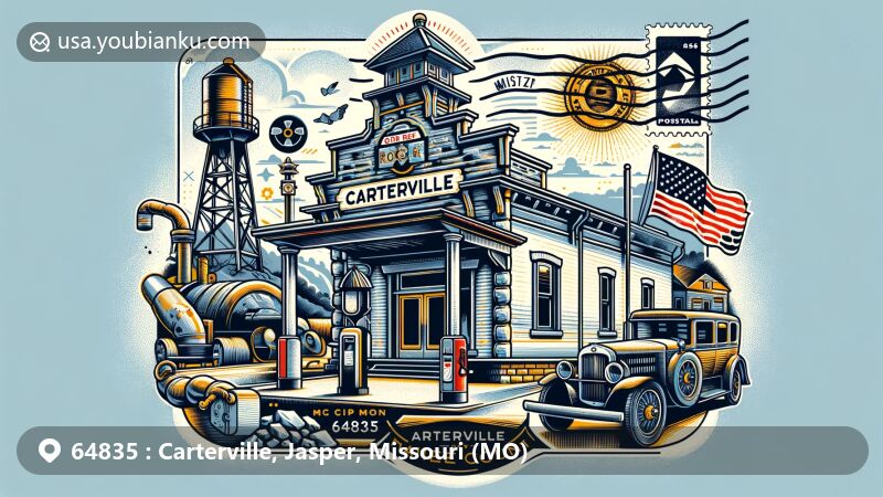 Modern illustration of Carterville, Jasper County, Missouri, featuring Historic Old Rock filling station on a vintage-style postcard, surrounded by mining elements and a postal stamp with ZIP code 64835.