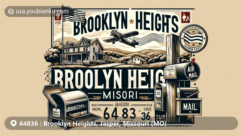 Modern illustration of Brooklyn Heights, Jasper County, Missouri, showcasing small-town charm with vintage stamp, air mail envelope, postal markings, and Missouri state outline, featuring ZIP code 64836 and rustic mailbox with raised flag.
