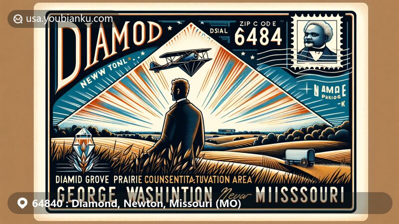 Modern illustration of Diamond, Newton, Missouri, capturing prairie origins and honoring George Washington Carver, featuring Diamond Grove Prairie Conservation Area and vintage postcard elements.