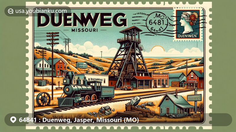 Modern illustration of Duenweg, Missouri, in the 64841 ZIP code area, showcasing rich mining history with old tools, historic mine entrance, old bank, and train against Midwest backdrop.