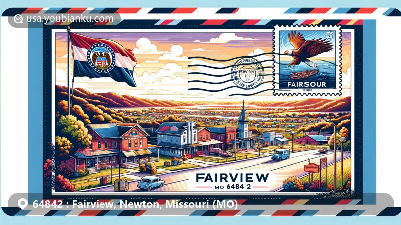 Modern illustration of Fairview, Newton, Missouri, with postal theme and state symbols, showcasing state flag, county contour, and town's charm.