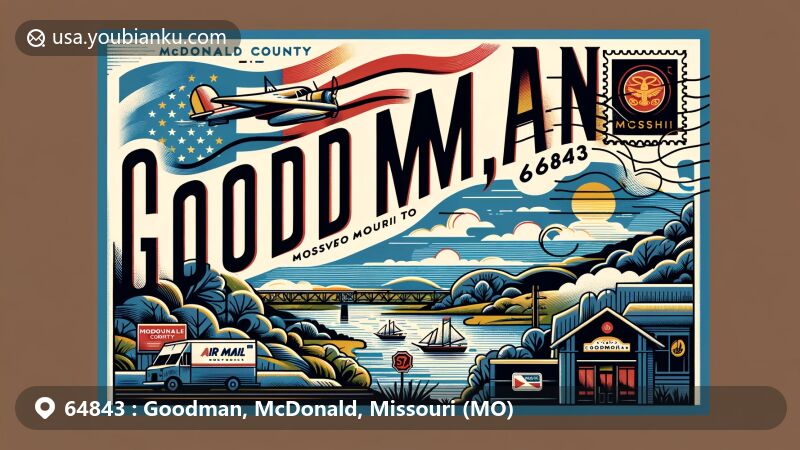 Modern illustration of Goodman, Missouri, in McDonald County, showcasing airmail envelope design with ZIP code 64843 and place name Goodman, MO, incorporating McDonald County map outline and Ozarks' natural beauty.