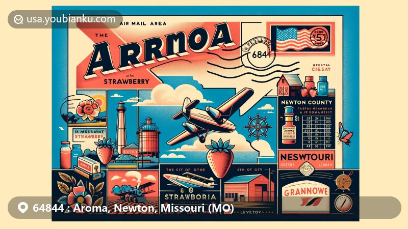 Modern illustration of the Aroma area in Newton County, Missouri, depicting vintage air mail envelope with ZIP code 64844, Newton County map, Missouri state flag, and nods to strawberry agriculture and Granby's mining history.