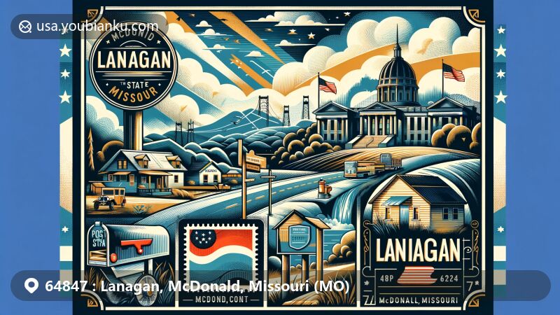 Modern illustration of Lanagan, McDonald, Missouri, featuring Truitt's Cave and the Missouri state flag, showcasing postal theme with vintage-style postcard, old-fashioned mailbox, and postage stamp, highlighting ZIP code 64847 and cityscape or natural landmarks.