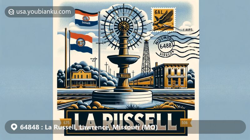 Modern illustration of La Russell, Missouri, highlighting the old water pump in the town's center, Missouri state flag, and railroad elements in the background. The foreground features an air mail envelope with the 64848 ZIP Code and stamps.