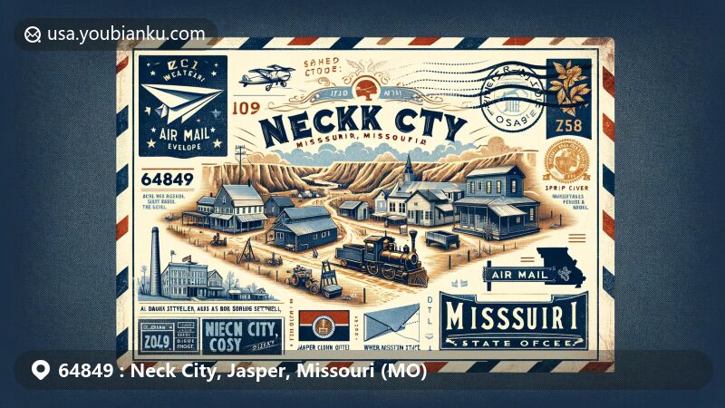 Vintage-style illustration of Neck City, Missouri, ZIP code 64849, showcasing historic mining roots as Hell's Neck, with a central theme of a retro air mail envelope.