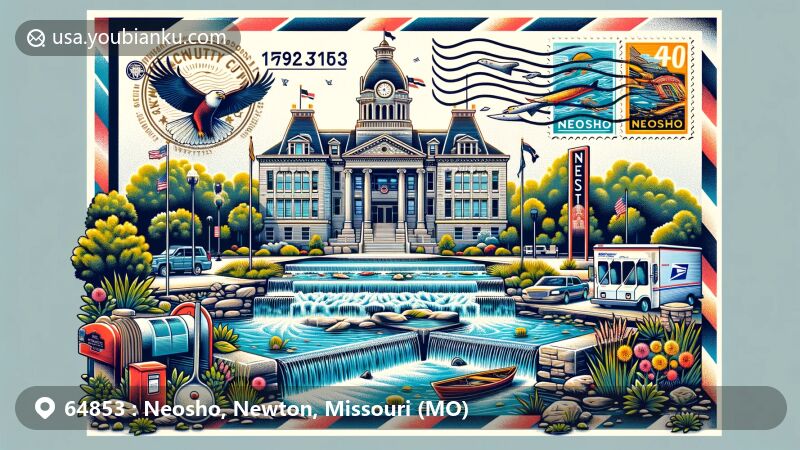 Modern illustration of Neosho, Missouri, with focus on postal theme and natural elements, featuring Newton County Courthouse, 'City of Springs' symbolism, Neosho National Fish Hatchery, and Missouri state flag.