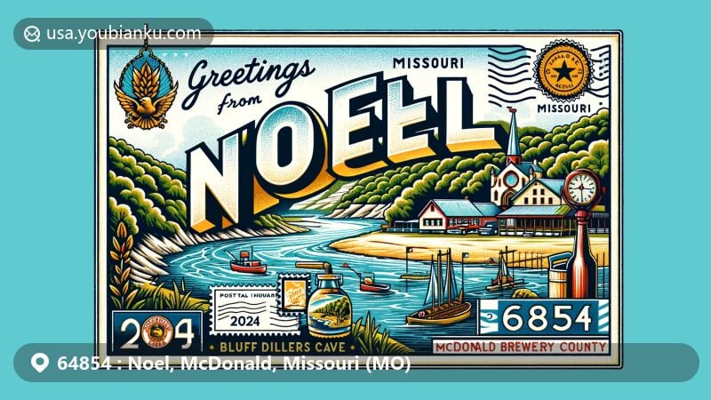 Modern illustration of Noel, Missouri, 64854, highlighting Elk River, Bluff Dwellers Cave, and local craft brewery culture with vintage postcard theme, postal elements, and McDonald County map outline.