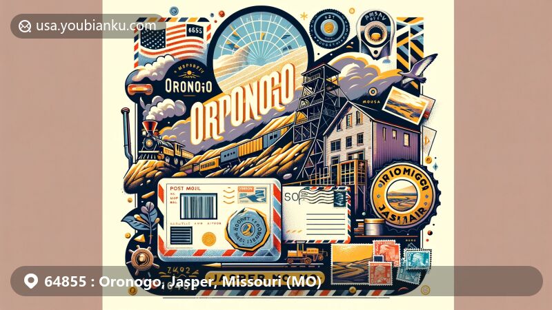 Modern illustration of Oronogo, Jasper, Missouri, blending mining heritage with postal theme, featuring Oronogo Circle Mine, vintage airmail envelope, stamps, and postmark, emphasizing ZIP code 64855 and city names.