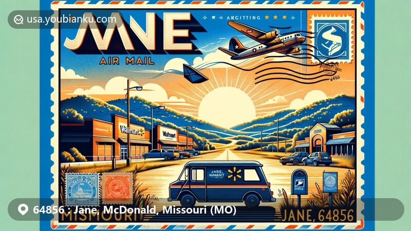 Modern illustration of Jane, Missouri, featuring Walmart store, natural landscapes, postal themes, and vintage postal van, showcasing ZIP code 64856.