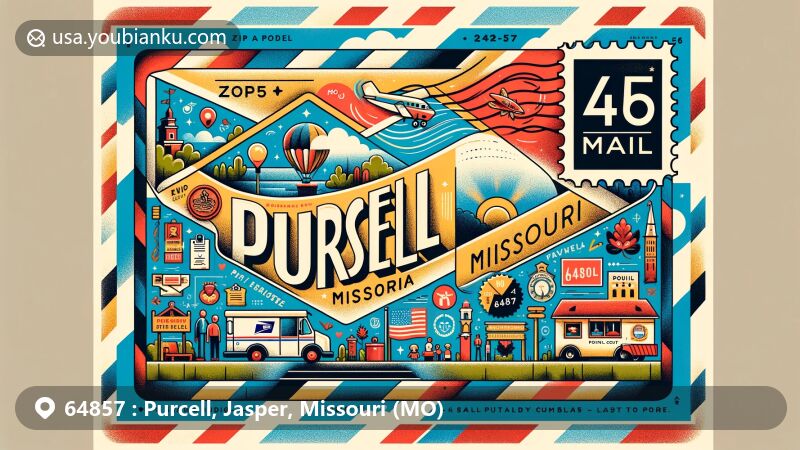 Modern illustration of Purcell, Jasper County, Missouri, with air mail envelope background representing ZIP Code 64857, featuring state flag and community demographics.