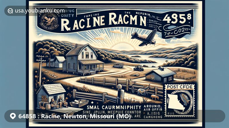 Modern illustration of Racine, Newton County, Missouri, capturing the essence of ZIP code 64858 with vintage postal elements, nestled in the scenic Ozark hills, reflecting the community's rich history and rural charm.