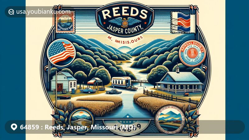 Modern illustration of Reeds, Jasper County, Missouri, showcasing regional and postal themes with community atmosphere, hills, trees, and water, depicting farmers' markets and festivals, featuring Missouri state flag and postal elements like air mail envelope and ZIP code 64859.