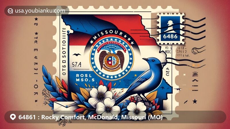 Modern illustration of Rocky Comfort, McDonald County, Missouri, highlighting postal theme with ZIP code 64861, featuring iconic state symbols such as the tricolor flag, the central seal with 24 stars, the Eastern Bluebird, and the White Hawthorn Blossom.