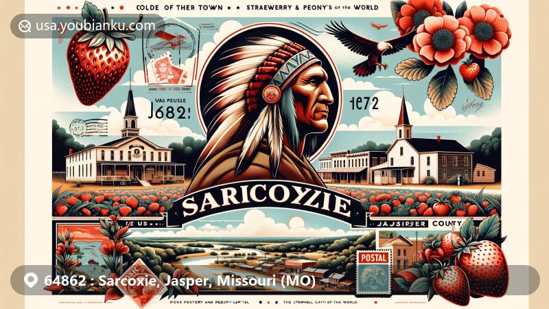 Vivid illustration of Sarcoxie, Jasper County, Missouri, emphasizing its historical legacy as the oldest town in the county, featuring Chief Sarcoxie mural, symbols of Strawberry and Peony Capitol, and vintage postal elements with ZIP code 64862.