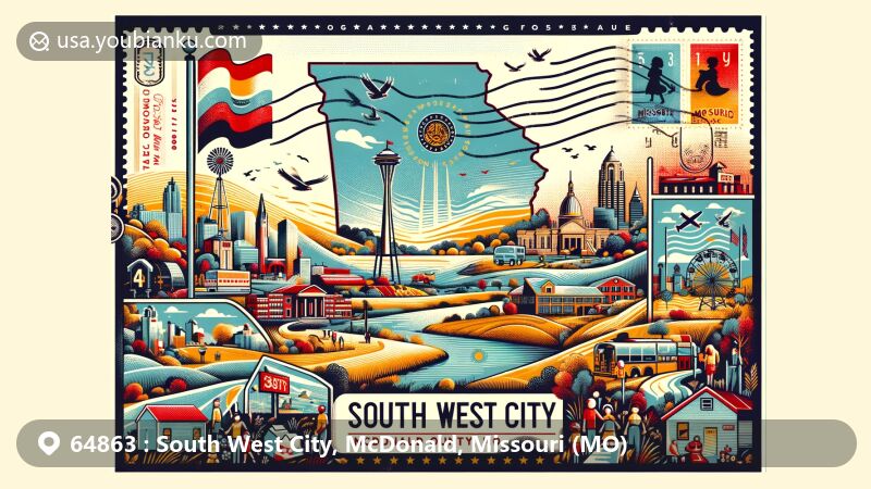 Modern illustration of South West City, McDonald County, Missouri, depicting ZIP code 64863 with iconic landmark and postal elements in postcard style.