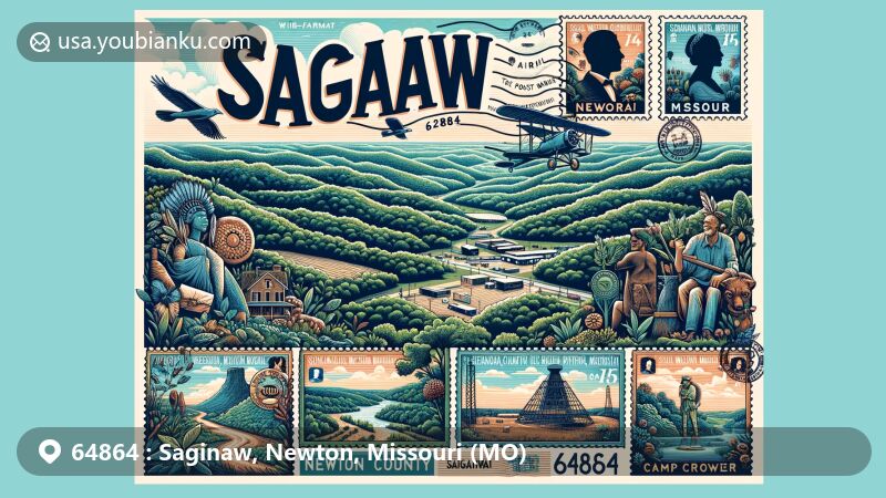 Modern illustration of Saginaw, Newton County, Missouri, capturing the essence of the Ozarks' rolling hills, oak forests, Civil War history, Native American heritage, Camp Crowder, and mining legacy, blending with airmail postal theme featuring '64864' ZIP Code and Saginaw, Newton, Missouri names.