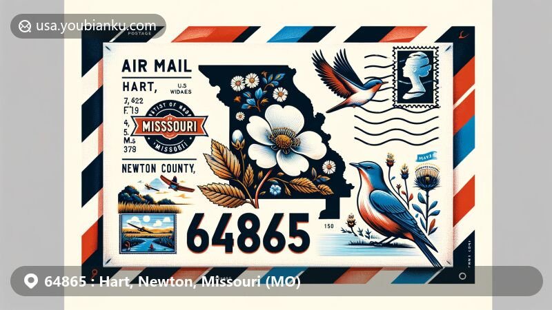 Modern illustration of Hart, Newton County, Missouri, featuring vintage air mail envelope with ZIP code 64865, showcasing Missouri symbols like the White Hawthorn Blossom and Eastern Bluebird.