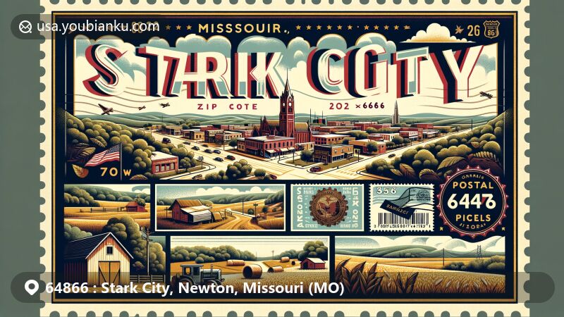 Modern illustration of Stark City, Newton County, Missouri, representing ZIP code 64866 with small-town charm, Second Battle of Newtonia historic site, and Missouri's verdant landscape.