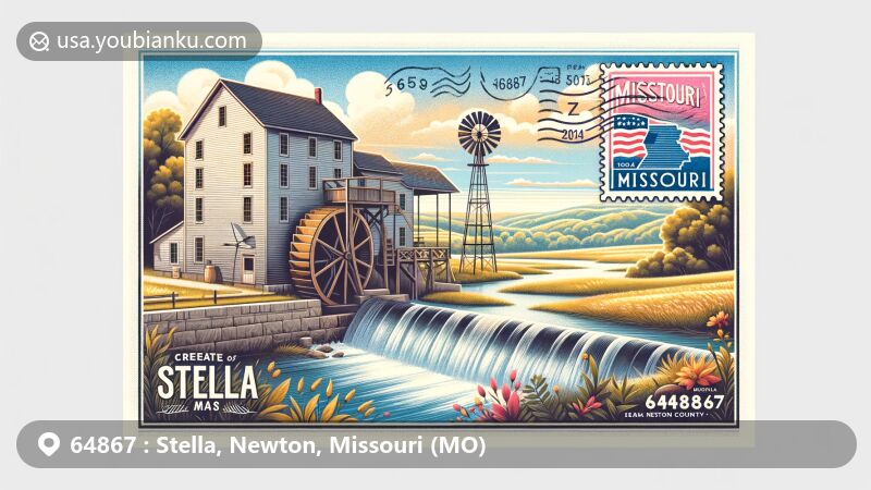 Illustration of Stella, Missouri, ZIP code 64867, featuring an old water mill representing the early history and development of the village. The modern postal elements include picturesque postcard borders, a colorful stamp displaying the Missouri state flag, and a prominent postmark with ZIP code 64867. The background showcases the rural landscape of Newton County with gentle rolling hills and serene skies. The overall style is modern illustration, vivid and engaging, suitable for showcasing as a web page feature. The design cleverly incorporates the village's historical significance and its connection to postal service, ensuring the visual appeal and informativeness.