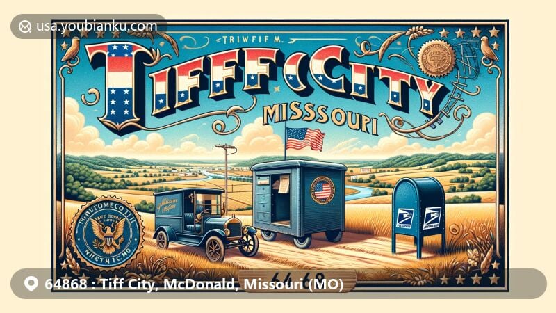 Illustration of Tiff City, Missouri, blending postal and local elements, with a postcard featuring Missouri symbols and rural scenery, including fields, creek, hills, antique mail truck, and blue mailbox.