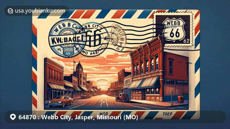 Modern illustration of Webb City, Missouri, highlighting ZIP code 64870, featuring a decorative airmail envelope with postcard showcasing red brick downtown historic district, Route 66 sign, and warm dusk backdrop.