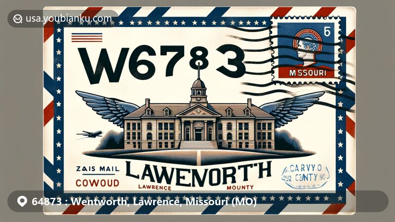 Modern illustration of Wentworth, Lawrence County, Missouri, with airmail envelope design, highlighting ZIP code 64873, featuring Wentworth Military Academy and state flag.