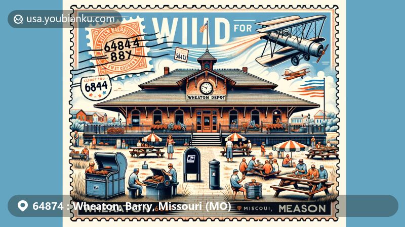 Modern illustration of Wheaton Depot in Wheaton, Missouri, with scenes from the Wheaton Barbeque, vintage postal elements, and a focus on ZIP code 64874.
